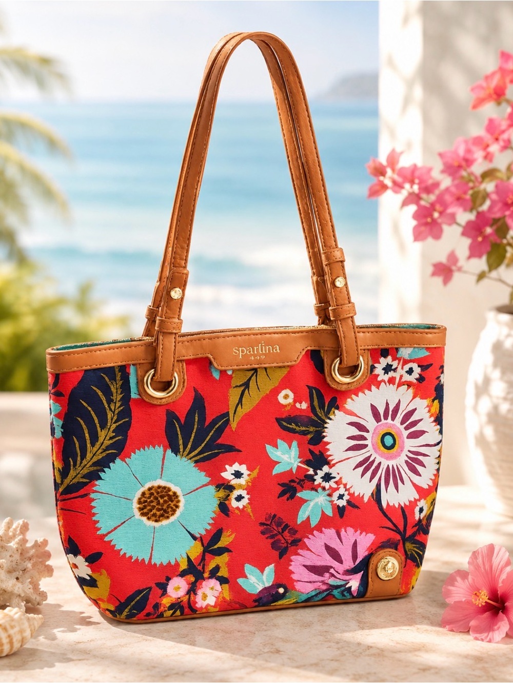 Spartina 449 Red Floral Tote with Tan Trim with Flaws